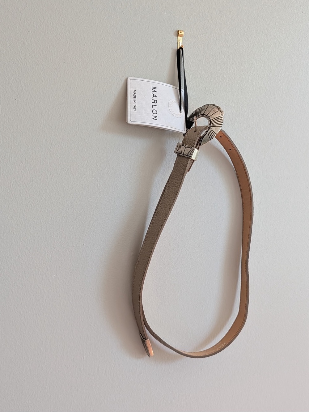 Taupe Leather Belt with Decorative Shell Buckle